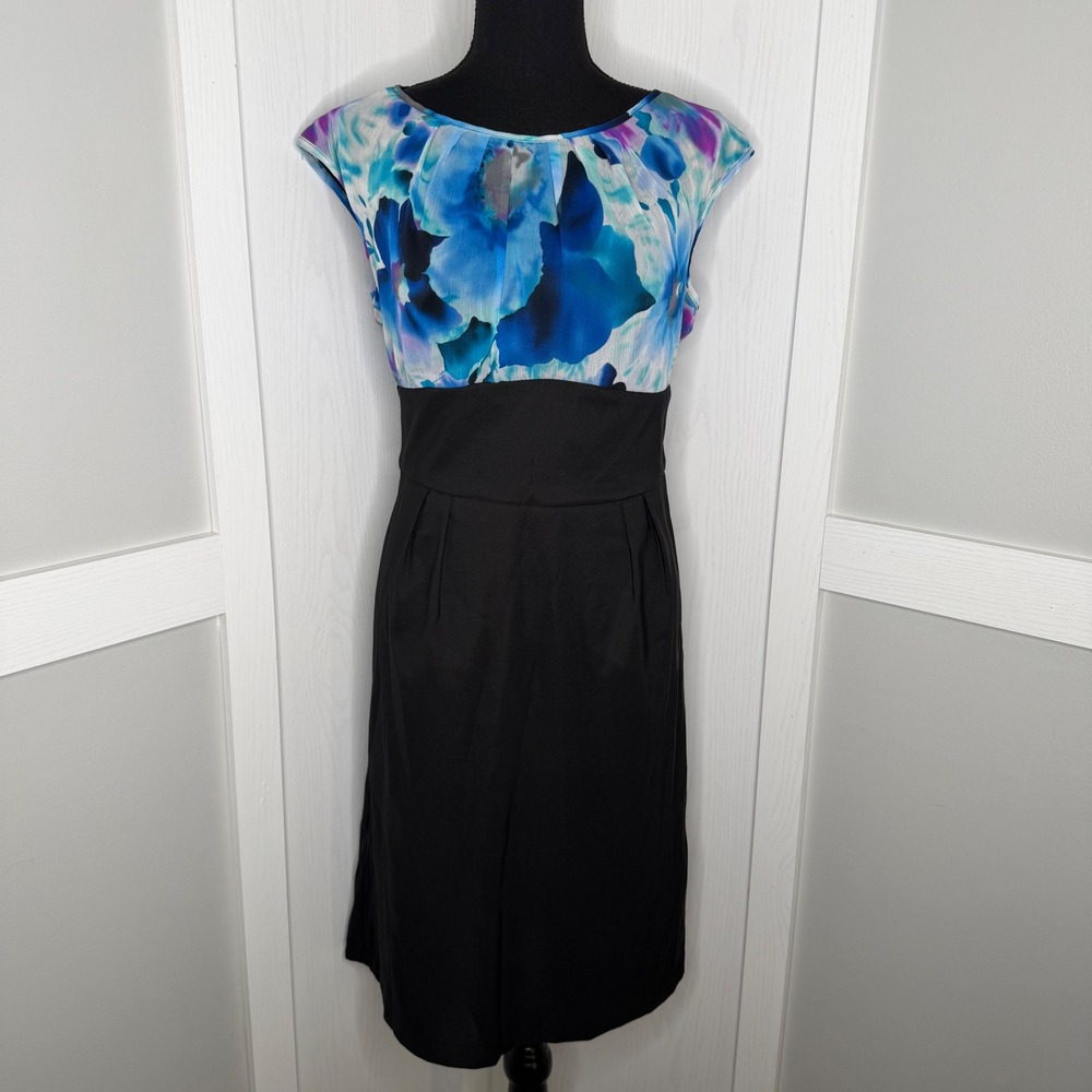 AGB Dress Women Size 12 Black Blue Floral Watercolor Cap Sleeve Empire Waist